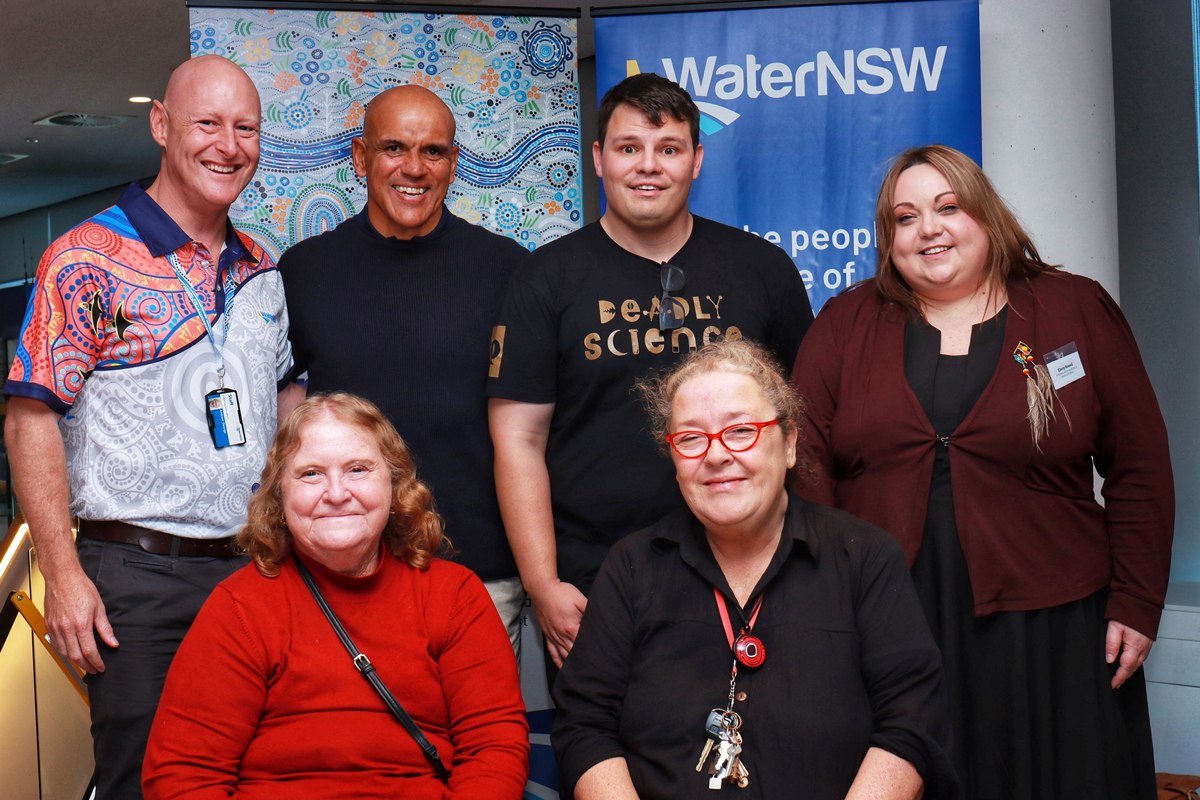 Pictured: Andrew George, CEO WaterNSW; Jeff Hardy; Corey Tutt; Ebony Rowell; Aunty Glenda Chalker and Aunty Kerrie Kenton.